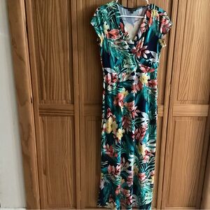 Ava & Grace Navy Tropical Floral Wrap Maxi Dress with Green and Coral Accents